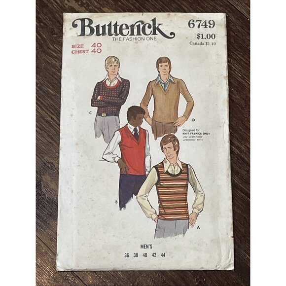 Butterick 6749 Pattern Vintage Men's Sweater Size 40 UNCUT - Picture 1 of 4
